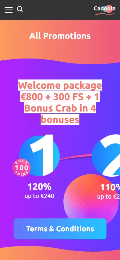 Cadoola Casino mobile browser promotions area on a smartphone