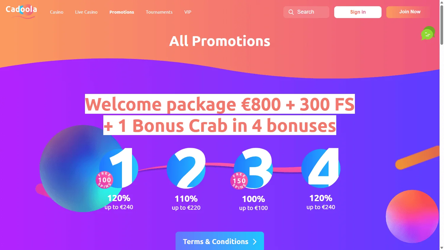 Cadoola Casino desktop promotions area with welcome and ongoing offers
