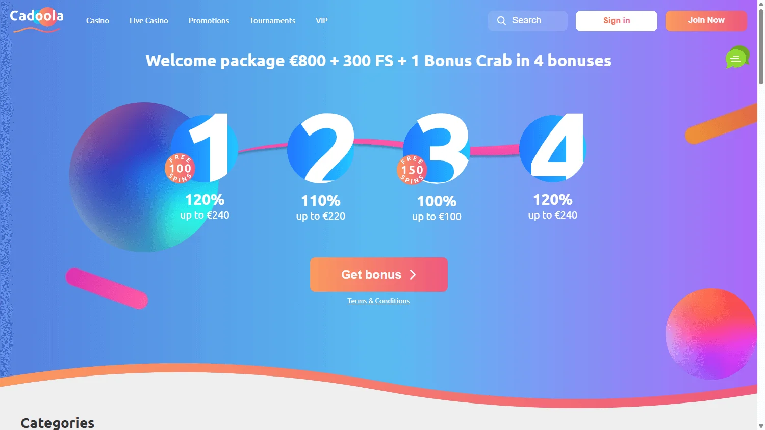 Cadoola Casino desktop home interface with casino access and account features